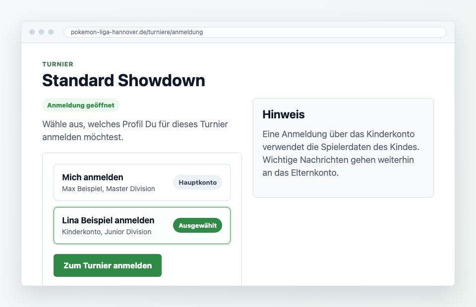 Screenshot der Turnieranmeldung mit Auswahl eines Kinderkontos
