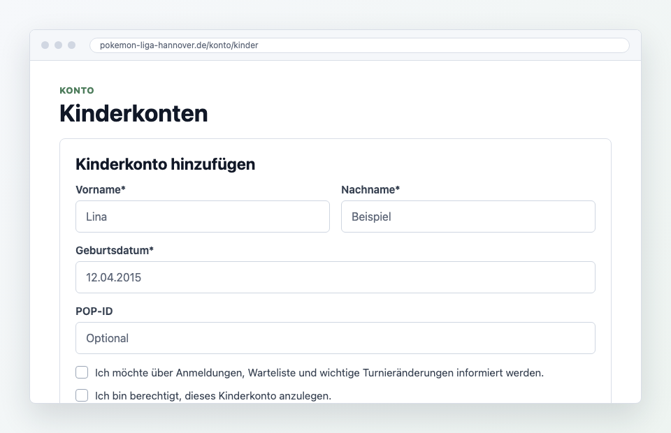 Screenshot des Formulars zum Anlegen eines Kinderkontos