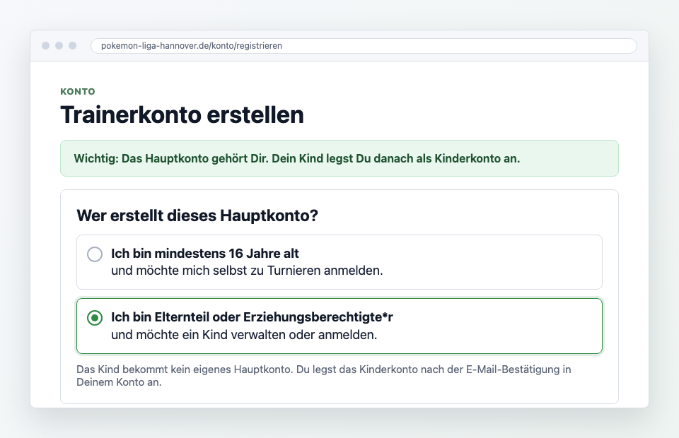 Screenshot der Kontoauswahl: Elternkonto als Hauptkonto erstellen